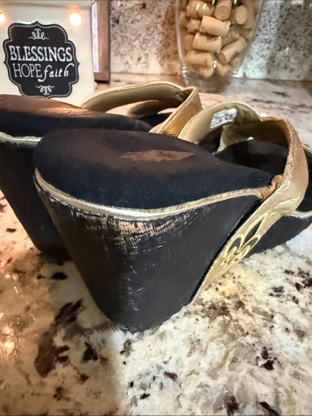 Volatile Gold Crisscross Wedge Slides with Fleur-de-Lis Accent - Picture 5 of 11